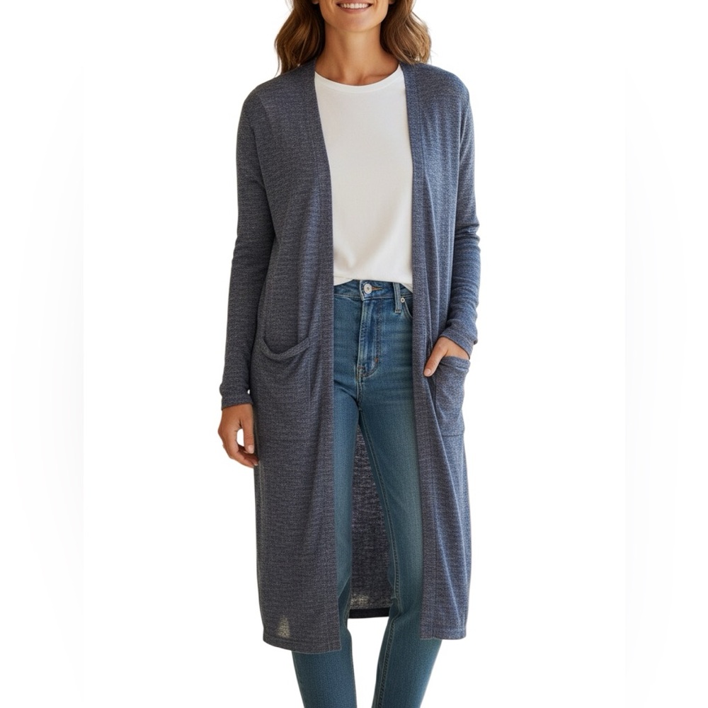 Theory Torina Wool Linen Long Open Front Cardigan Blue Knit Medium‎